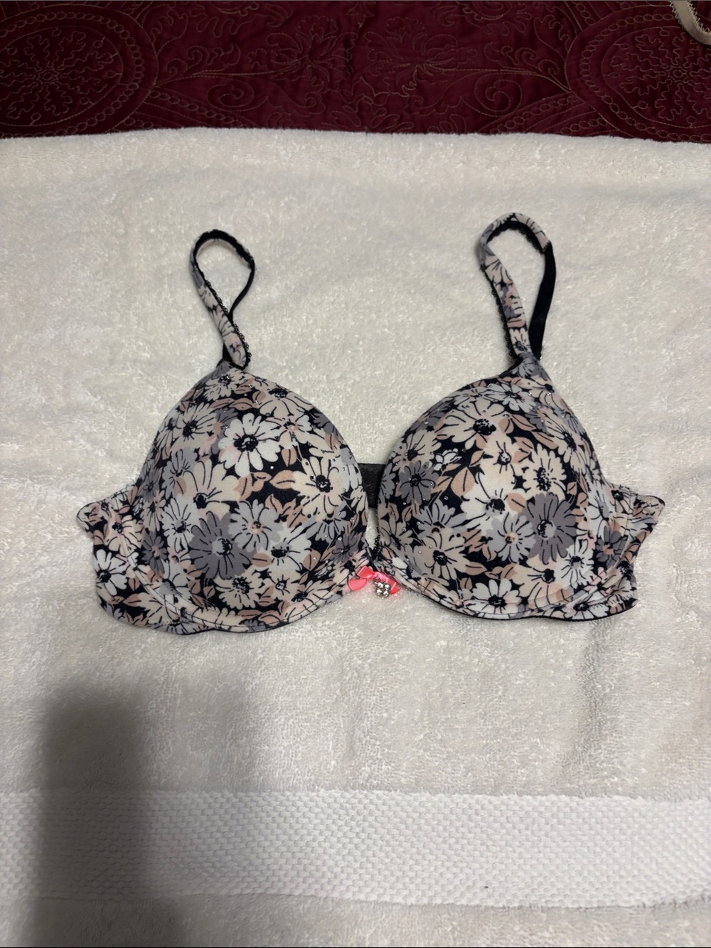 Victoria's Secret Floral Padded Bra in Pink, Black & Cream